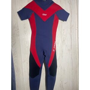 NEW!! Hevto Kids Full Body K-22 Wetsuit, Neoprene Blue/ Red Hero II Short Sleeve